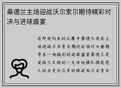 桑德兰主场迎战沃尔索尔期待精彩对决与进球盛宴